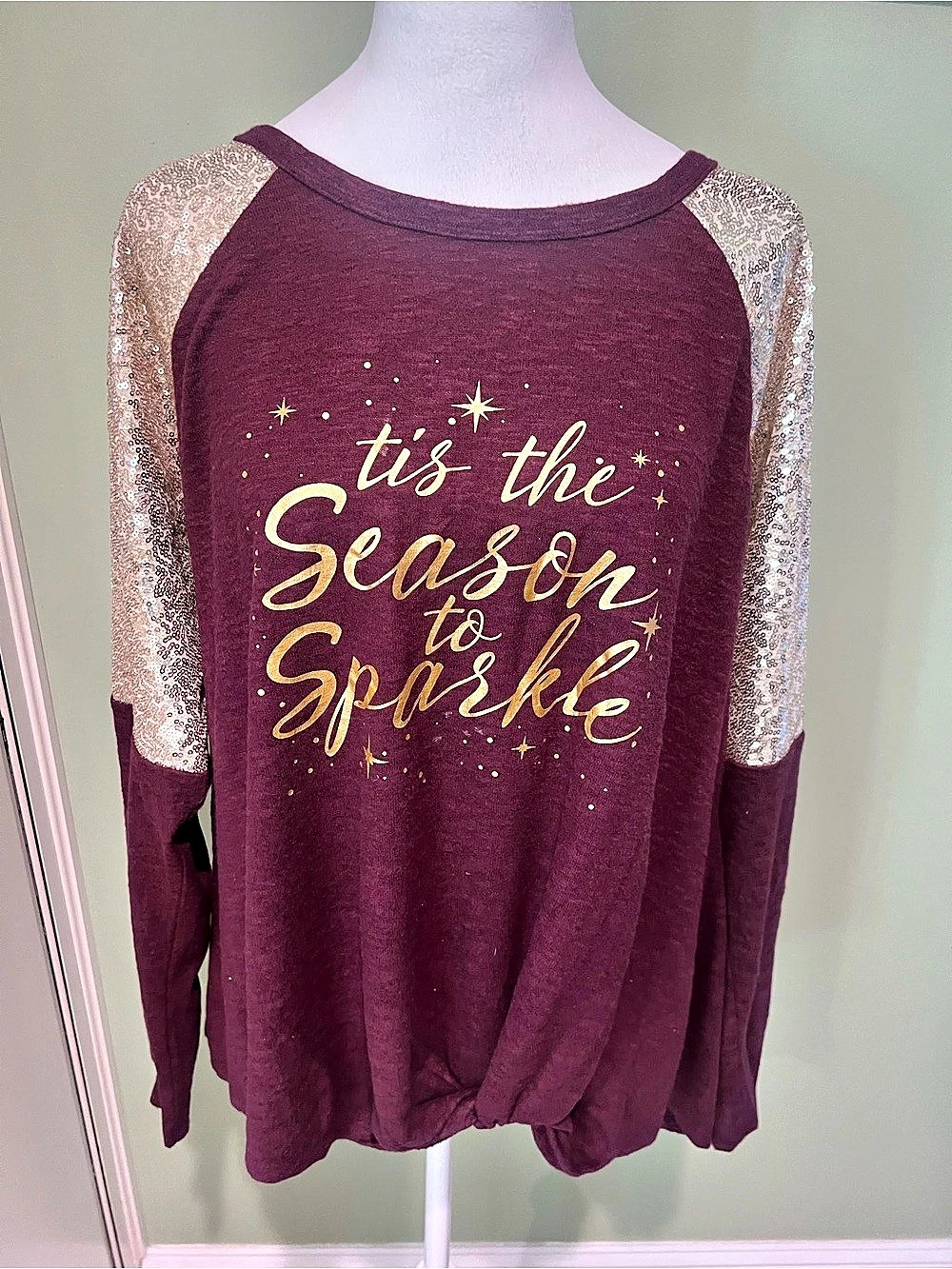New Sequin Sleeve Graphic Sweatshirt in Purple & Gold Like New
